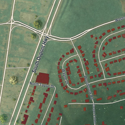 Close-up of the map of Kent Acres, Delaware print showing street and building detail