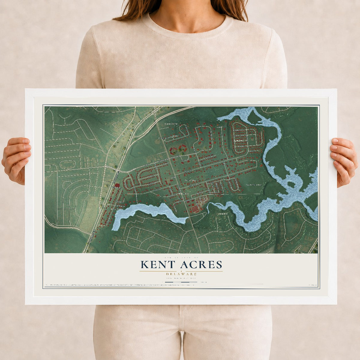 Map of Kent Acres, Delaware, 12 x 18 inch print in a white wood frame