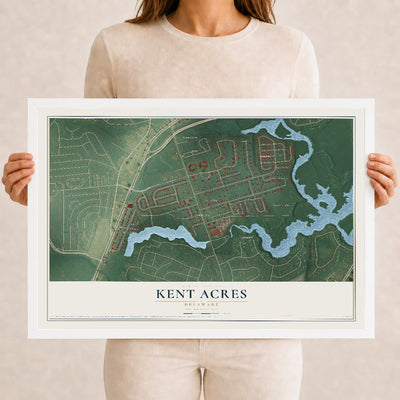 Map of Kent Acres, Delaware, 12 x 18 inch print in a white wood frame