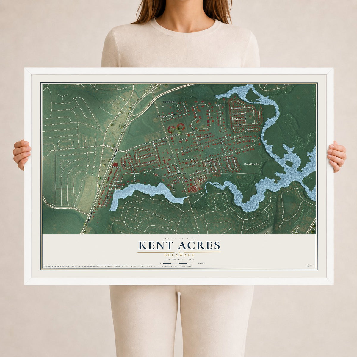 Map of Kent Acres, Delaware, 24 x 36 inch print in a white wood frame