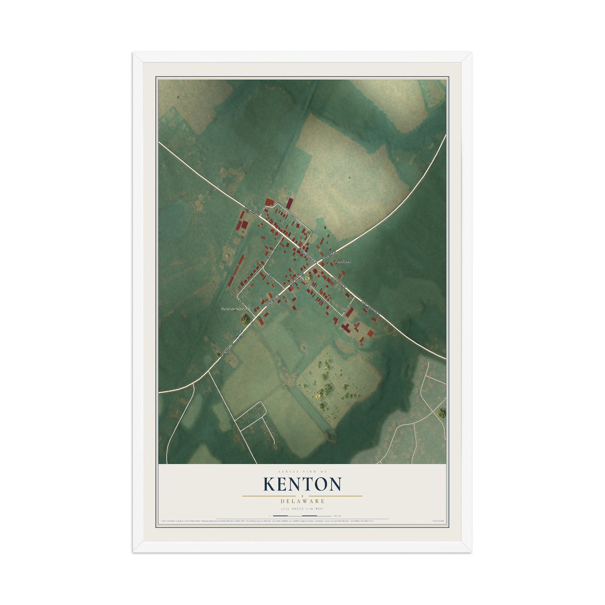 Map of Kenton, Delaware, 12 x 18 inch print in a white wood frame