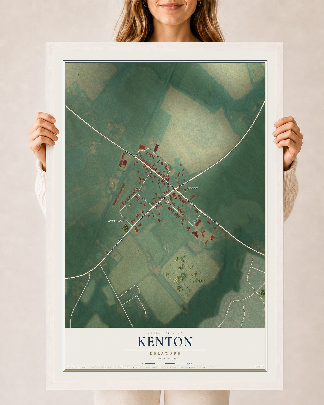 Map of Kenton, Delaware, 24 x 36 inch print in a white wood frame