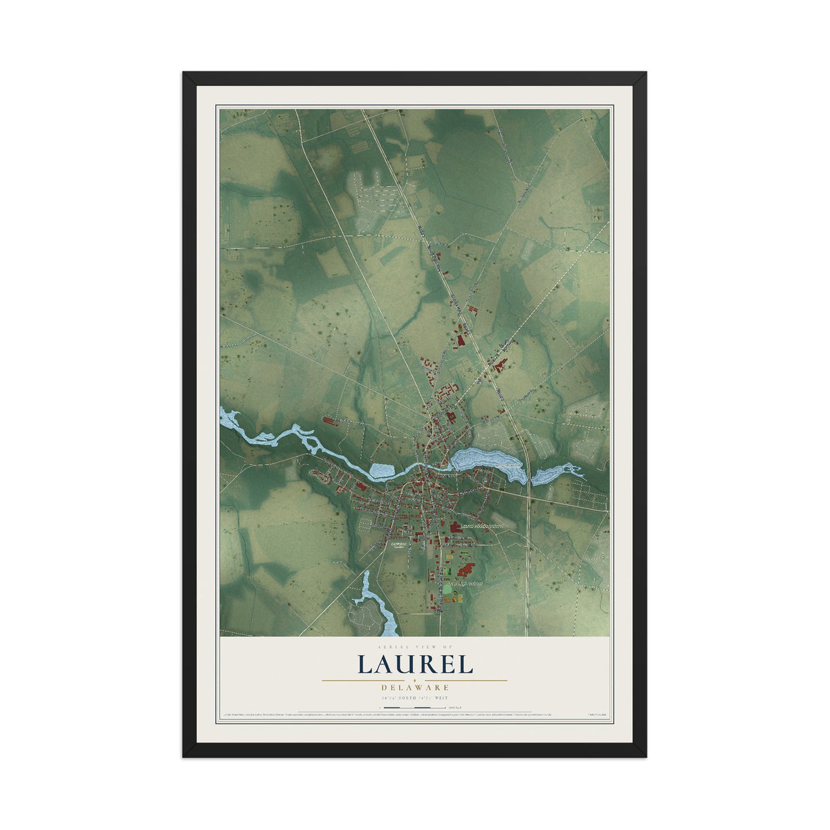 Map of Laurel, Delaware, 12 x 18 inch print in a black wood frame