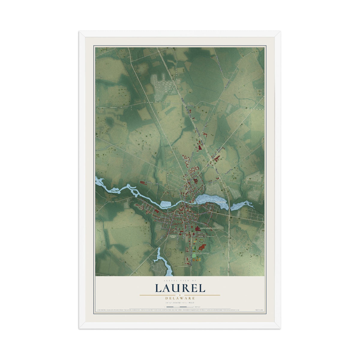 Map of Laurel, Delaware, 12 x 18 inch print in a white wood frame
