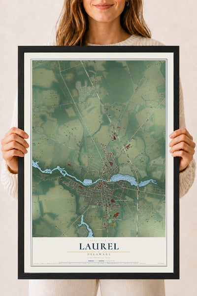 Map of Laurel, Delaware, 18 x 24 inch print in a black wood frame