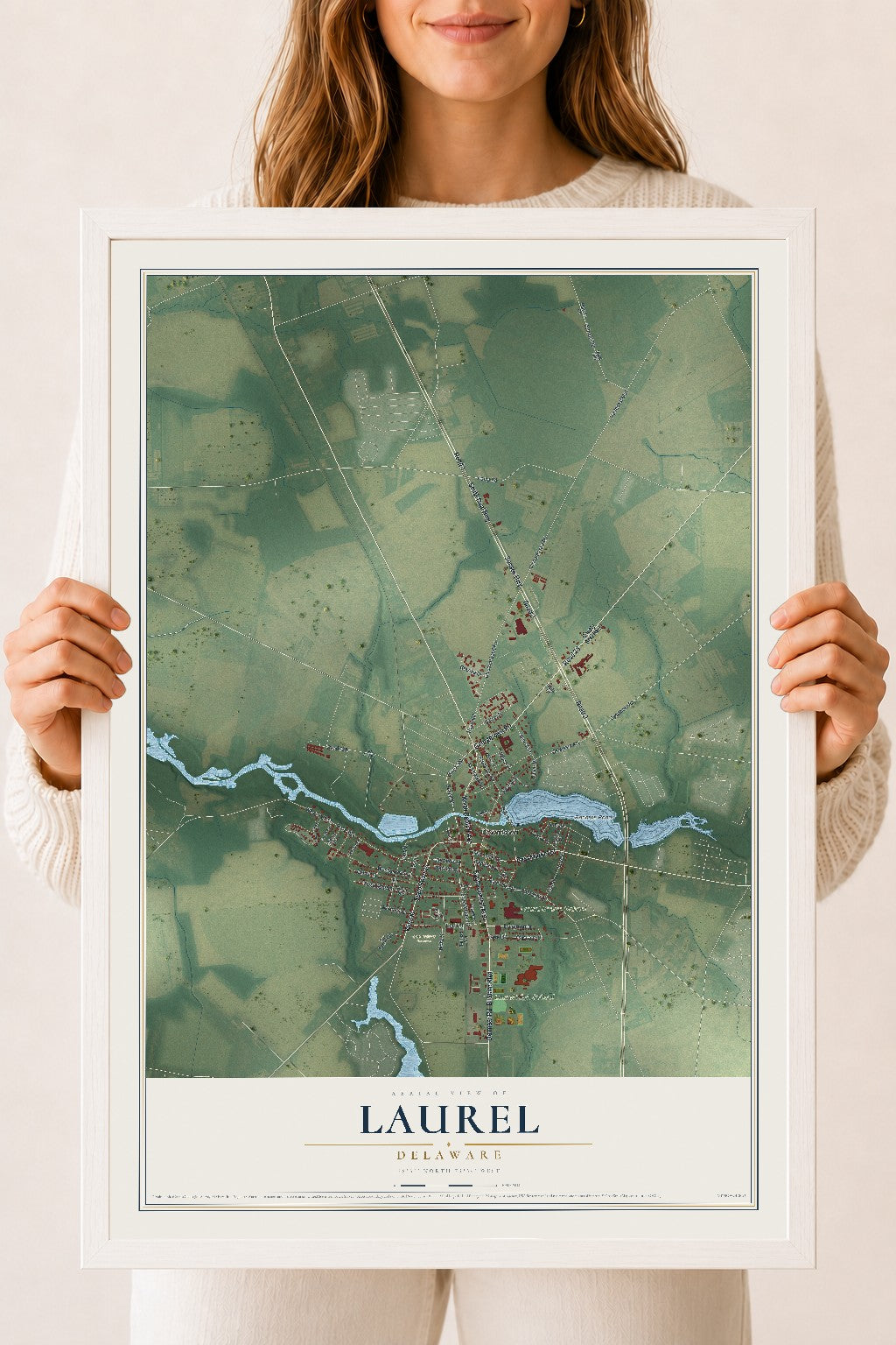 Map of Laurel, Delaware, 18 x 24 inch print in a white wood frame