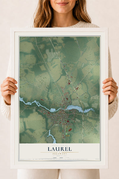 Map of Laurel, Delaware, 18 x 24 inch print in a white wood frame