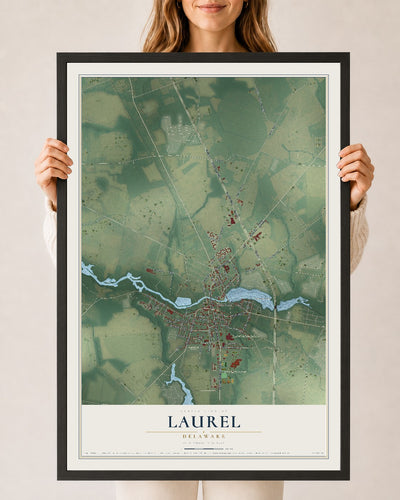 Map of Laurel, Delaware, 24 x 36 inch print in a black wood frame