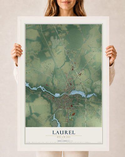 Map of Laurel, Delaware, 24 x 36 inch print in a white wood frame