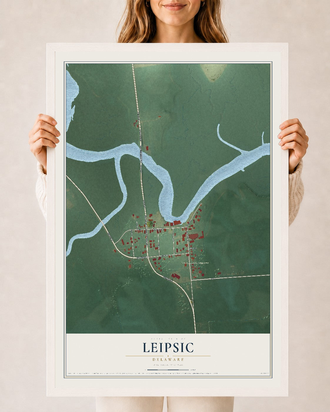 Map of Leipsic, Delaware, 24 x 36 inch print in a white wood frame