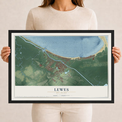 Map of Lewes, Delaware, 12 x 18 inch print in a black wood frame