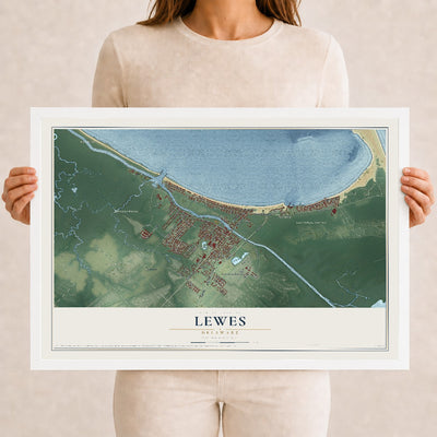 Map of Lewes, Delaware, 12 x 18 inch print in a white wood frame