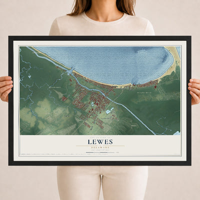Map of Lewes, Delaware, 18 x 24 inch print in a black wood frame