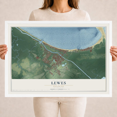 Map of Lewes, Delaware, 18 x 24 inch print in a white wood frame