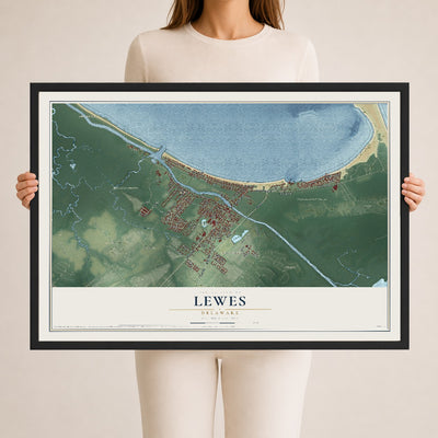 Map of Lewes, Delaware, 24 x 36 inch print in a black wood frame