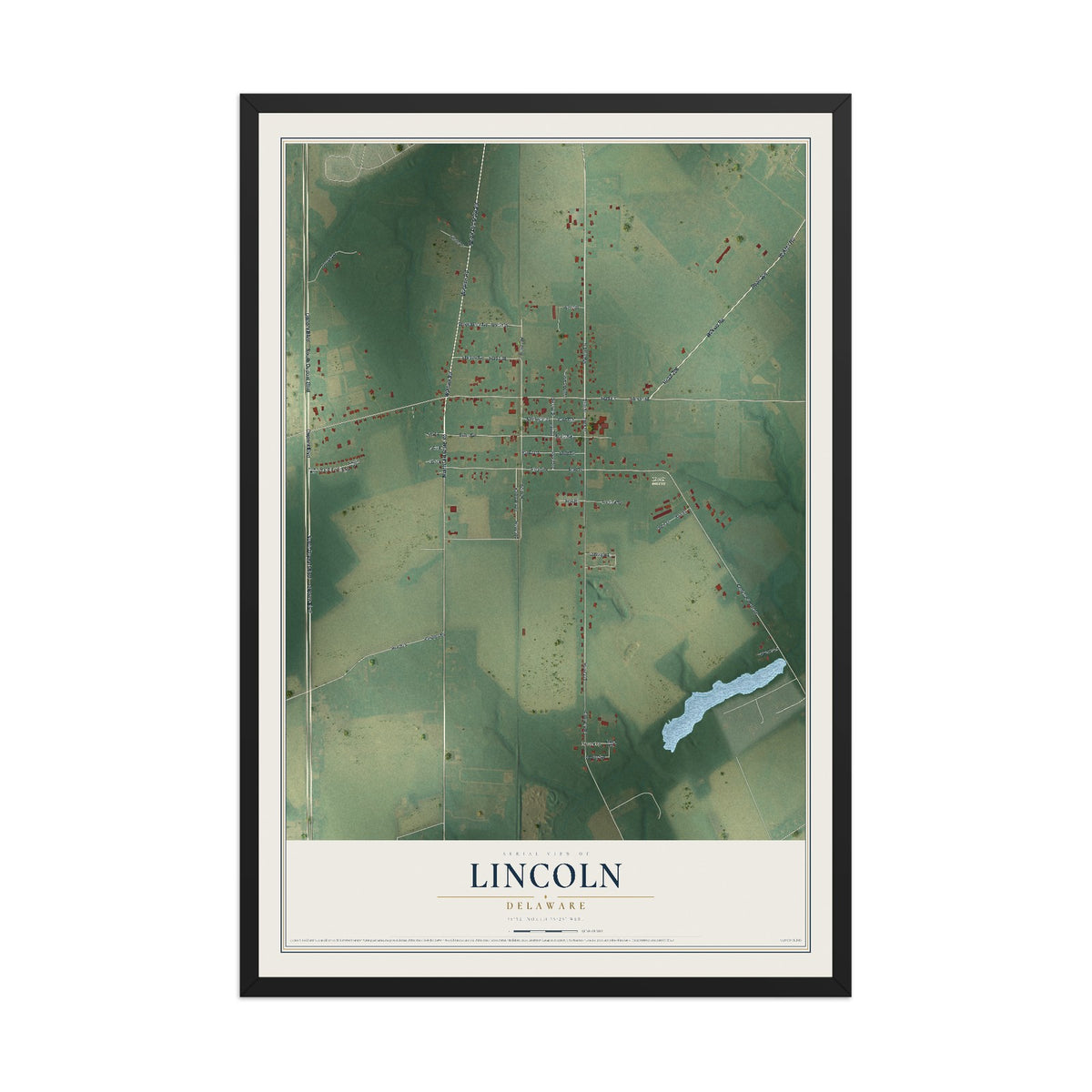 Map of Lincoln, Delaware, 12 x 18 inch print in a black wood frame