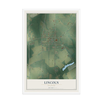 Map of Lincoln, Delaware, 12 x 18 inch print in a white wood frame