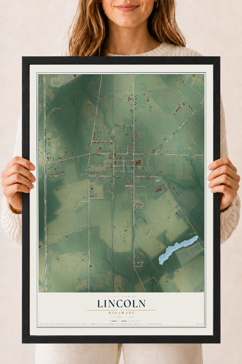 Map of Lincoln, Delaware, 18 x 24 inch print in a black wood frame
