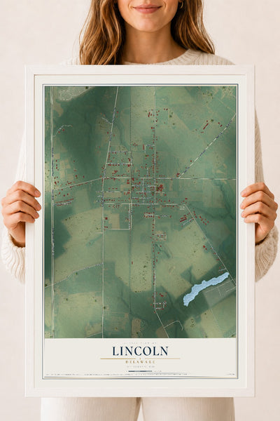 Map of Lincoln, Delaware, 18 x 24 inch print in a white wood frame