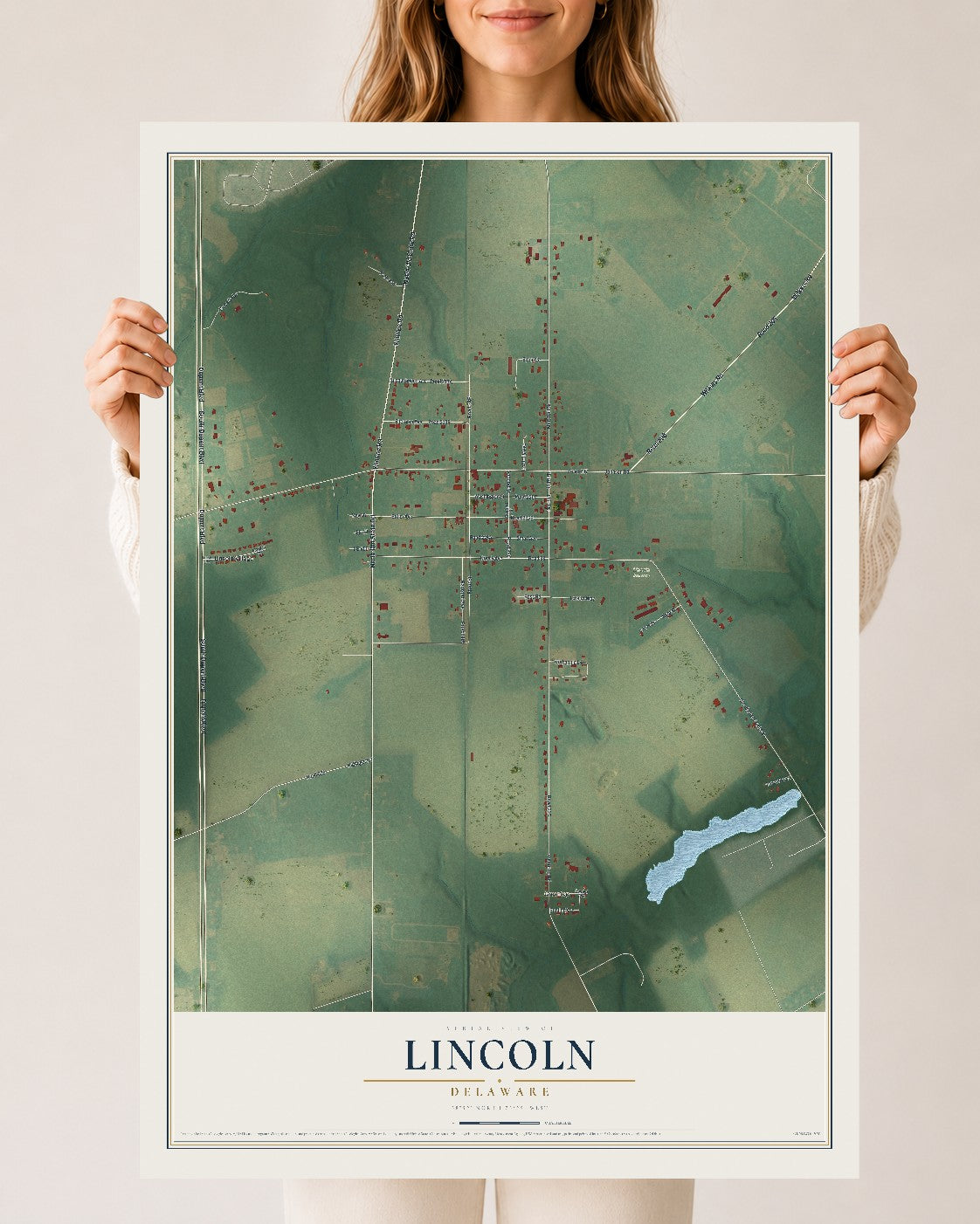 Map of Lincoln, Delaware, 24 x 36 inch unframed archival matte print
