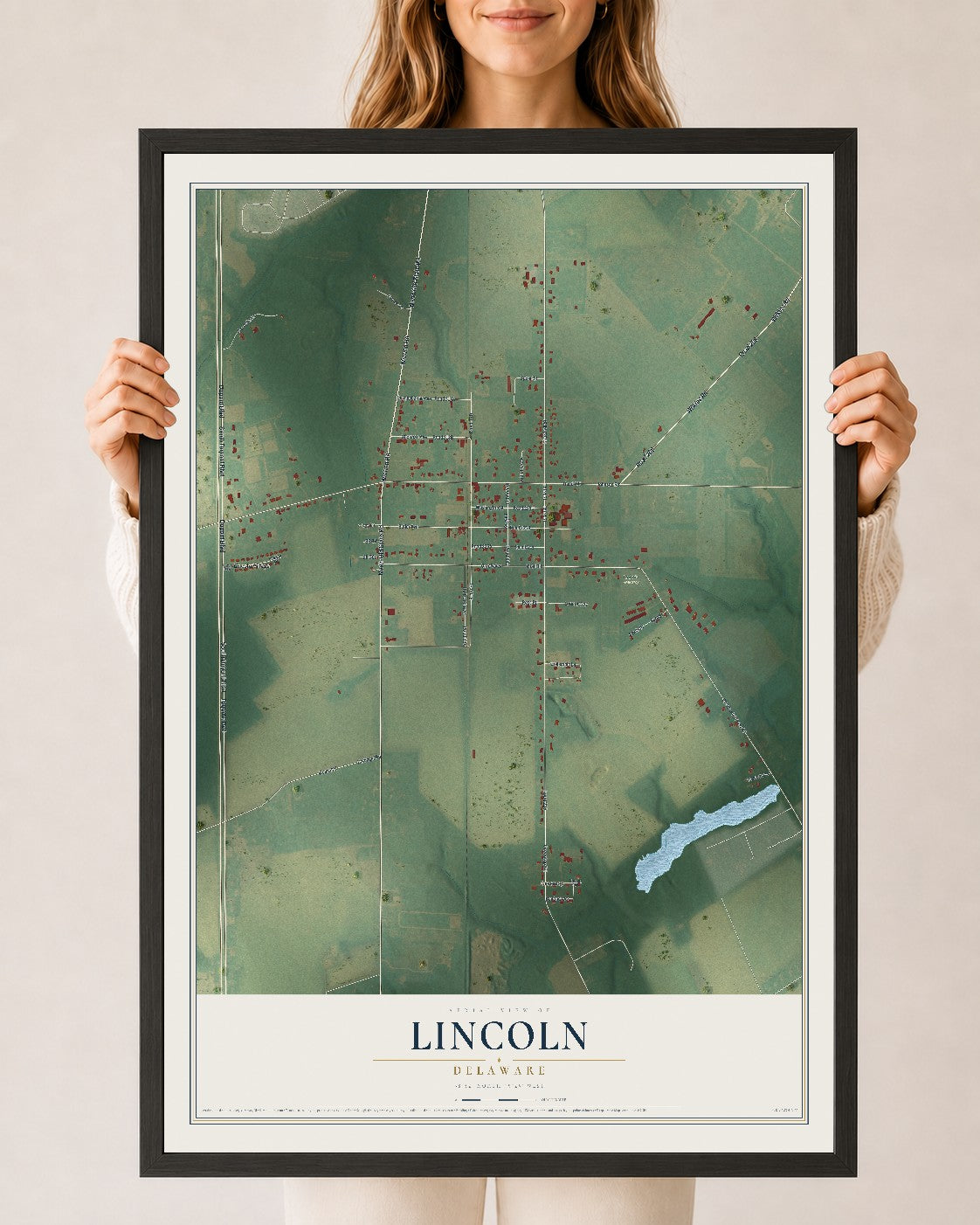 Map of Lincoln, Delaware, 24 x 36 inch print in a black wood frame