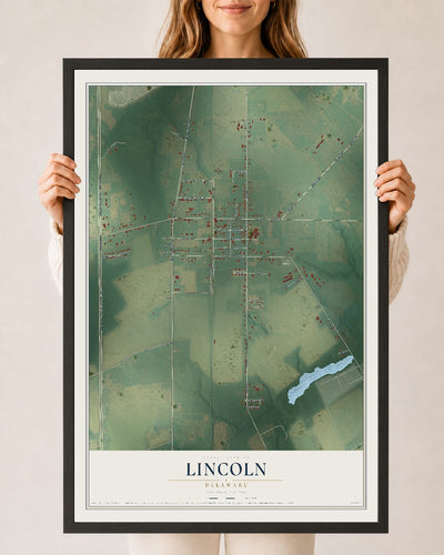 Map of Lincoln, Delaware, 24 x 36 inch print in a black wood frame