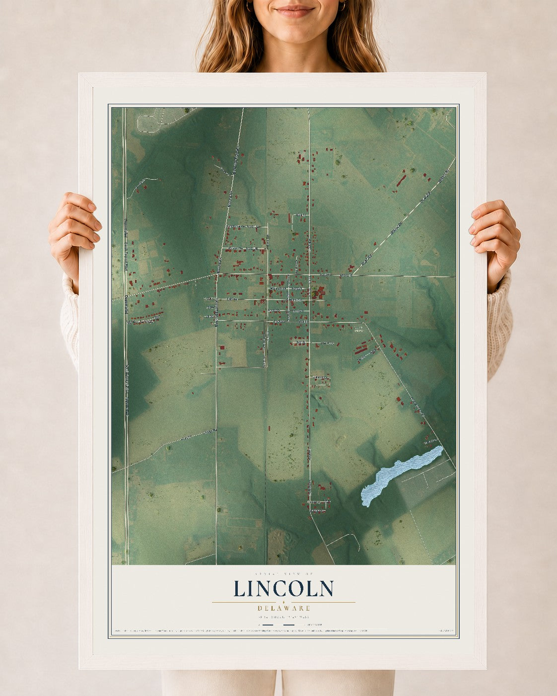 Map of Lincoln, Delaware, 24 x 36 inch print in a white wood frame