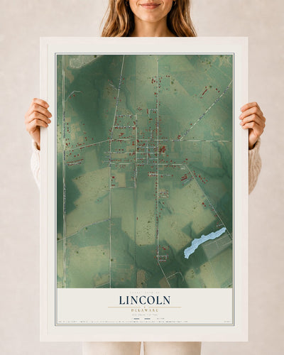 Map of Lincoln, Delaware, 24 x 36 inch print in a white wood frame