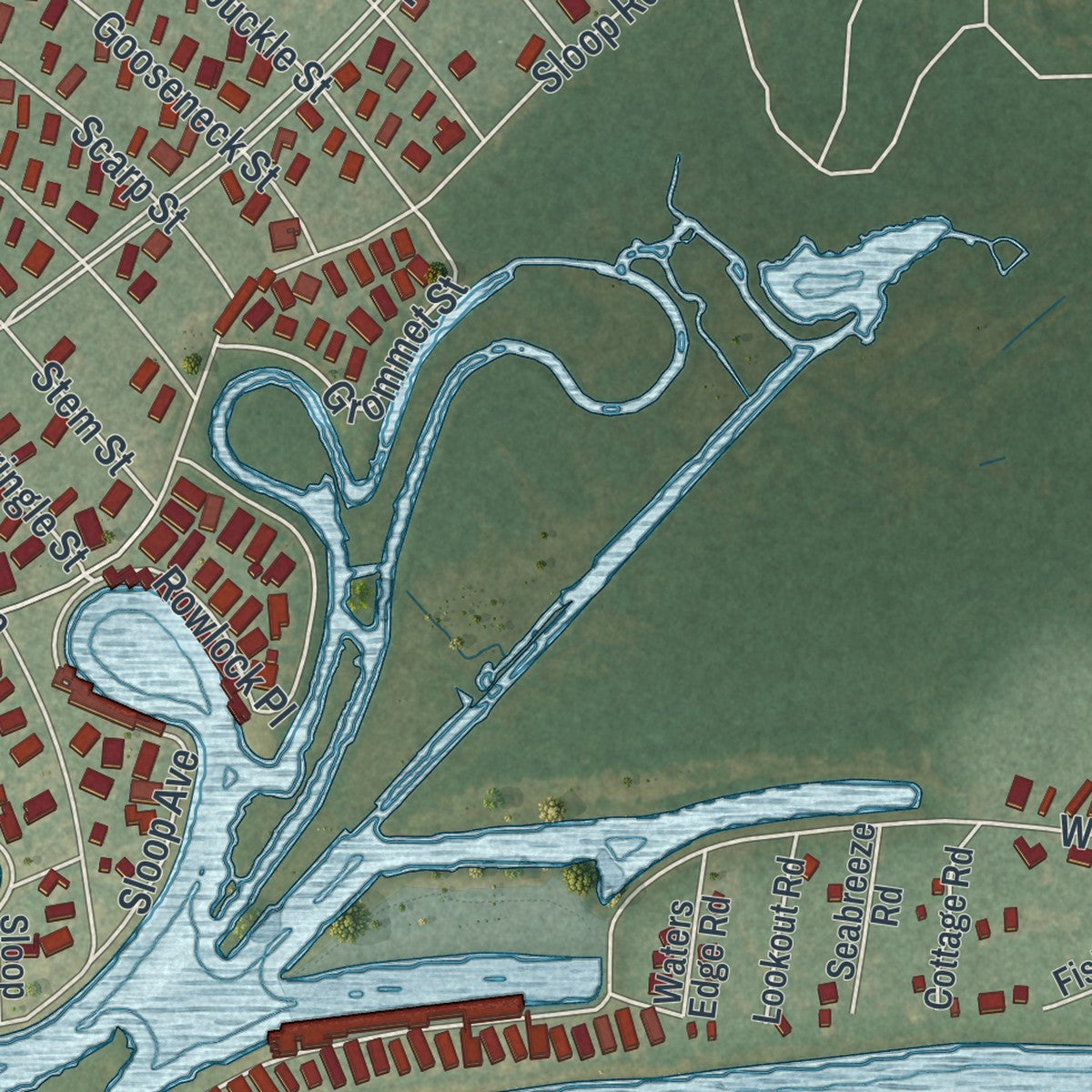 Second close-up of the map of Long Neck, Delaware print showing more streets and buildings