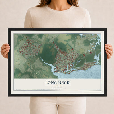 Map of Long Neck, Delaware, 12 x 18 inch print in a black wood frame