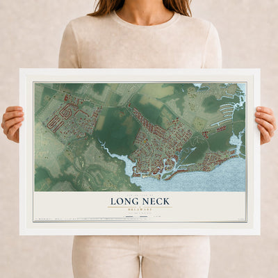 Map of Long Neck, Delaware, 12 x 18 inch print in a white wood frame