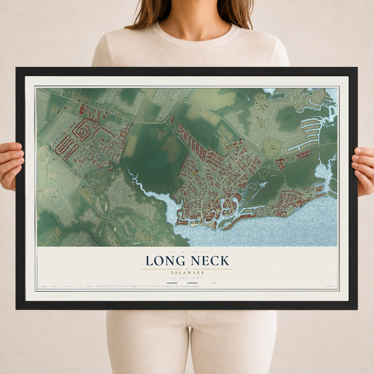 Map of Long Neck, Delaware, 18 x 24 inch print in a black wood frame