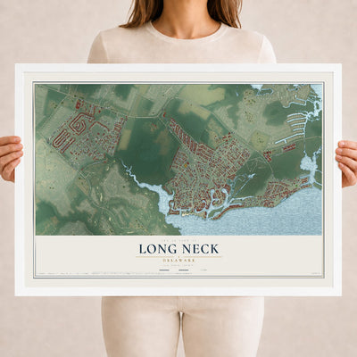 Map of Long Neck, Delaware, 18 x 24 inch print in a white wood frame