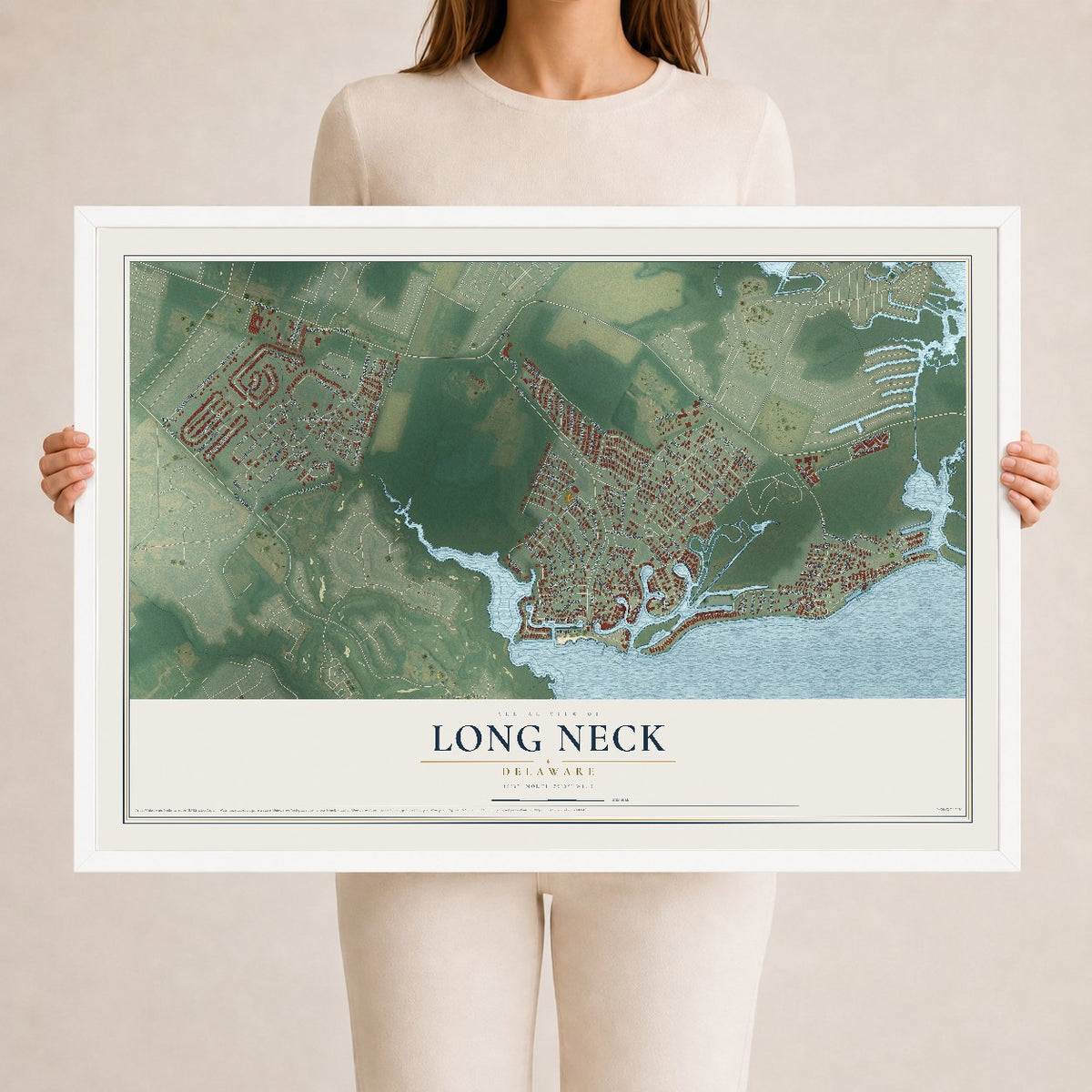Map of Long Neck, Delaware, 24 x 36 inch print in a white wood frame