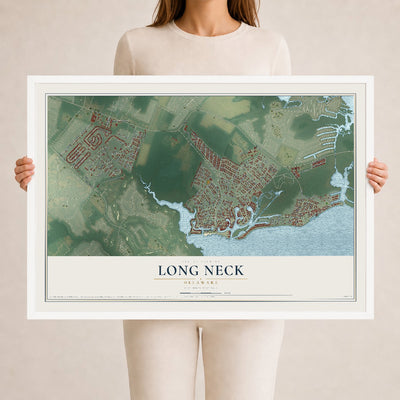 Map of Long Neck, Delaware, 24 x 36 inch print in a white wood frame