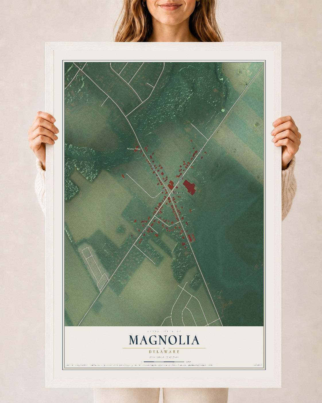 Map of Magnolia, Delaware, 24 x 36 inch print in a white wood frame