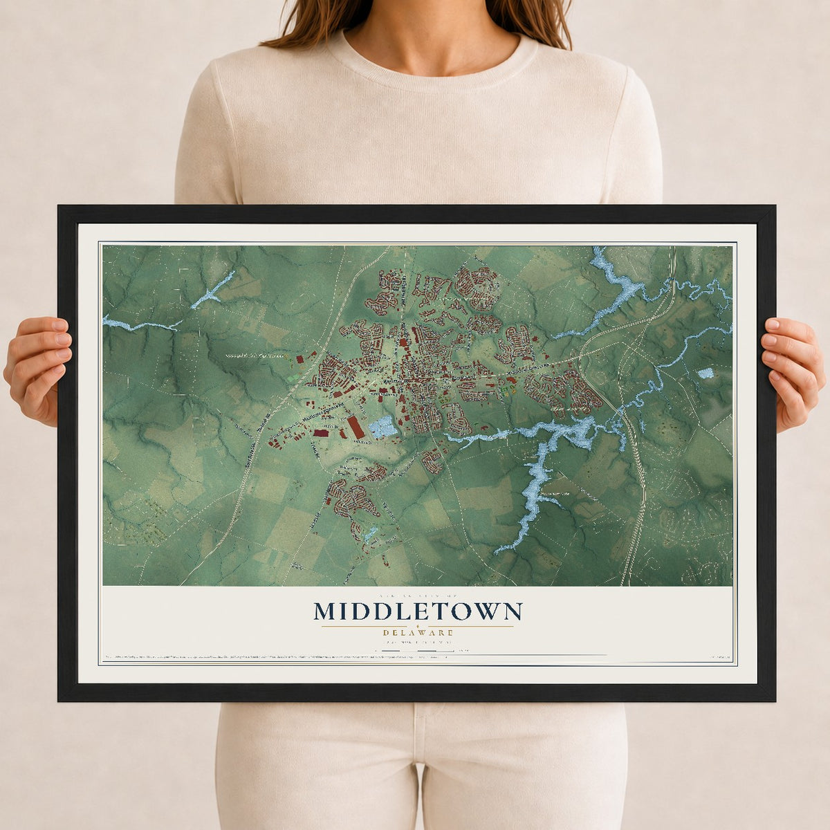 Map of Middletown, Delaware, 12 x 18 inch print in a black wood frame