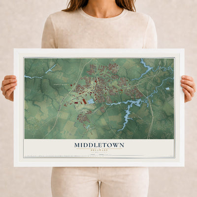 Map of Middletown, Delaware, 12 x 18 inch print in a white wood frame