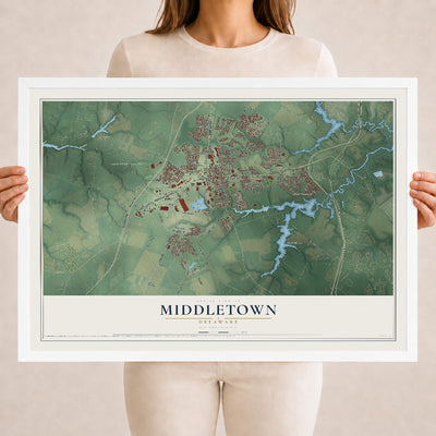 Map of Middletown, Delaware, 18 x 24 inch print in a white wood frame