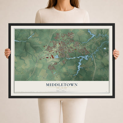 Map of Middletown, Delaware, 24 x 36 inch print in a black wood frame