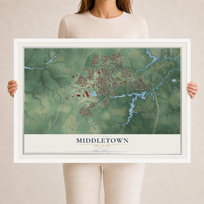 Map of Middletown, Delaware, 24 x 36 inch print in a white wood frame