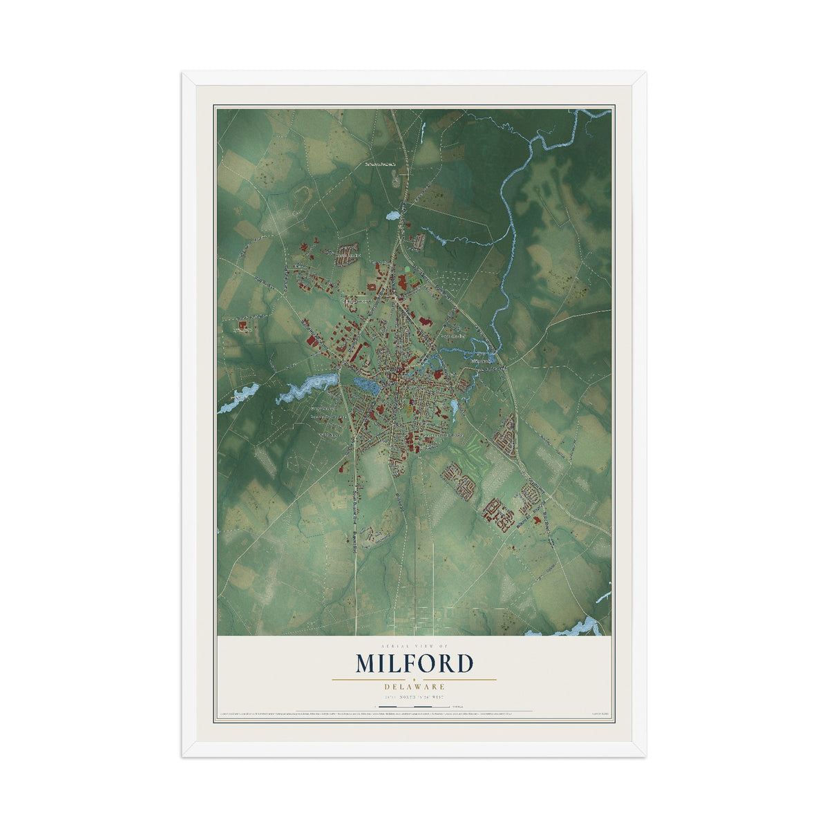 Map of Milford, Delaware, 12 x 18 inch print in a white wood frame