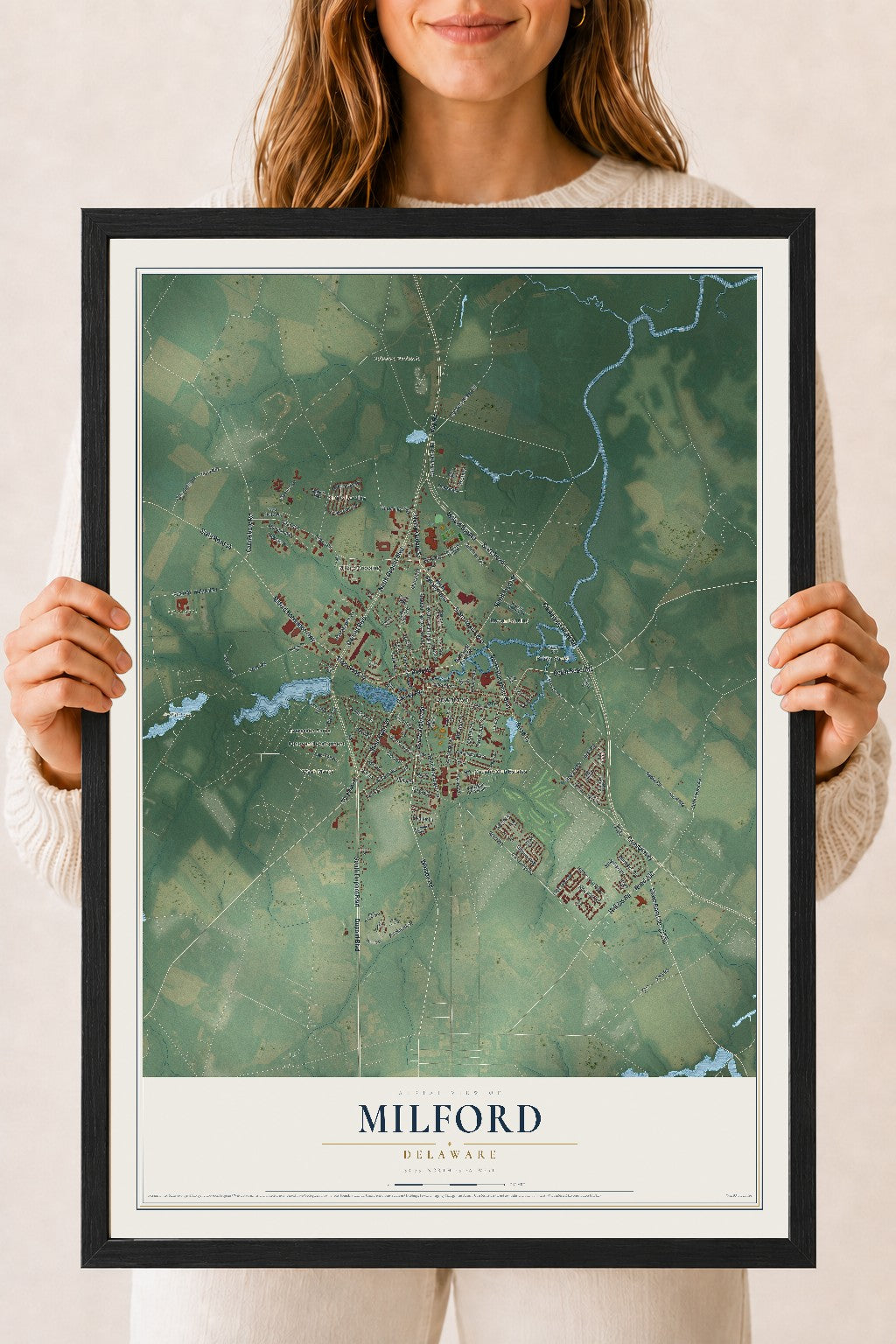 Map of Milford, Delaware, 18 x 24 inch print in a black wood frame