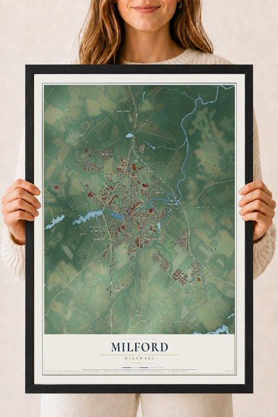 Map of Milford, Delaware, 18 x 24 inch print in a black wood frame