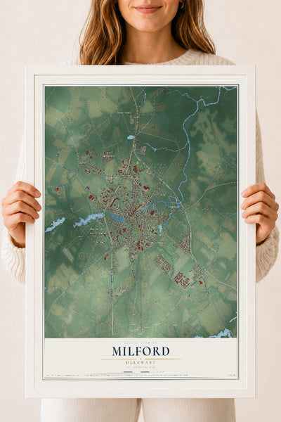 Map of Milford, Delaware, 18 x 24 inch print in a white wood frame