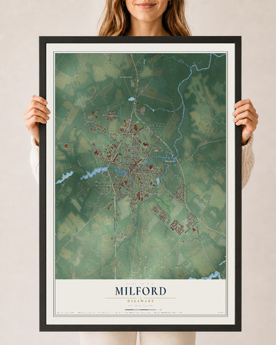 Map of Milford, Delaware, 24 x 36 inch print in a black wood frame