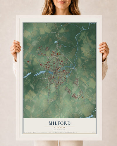 Map of Milford, Delaware, 24 x 36 inch print in a white wood frame