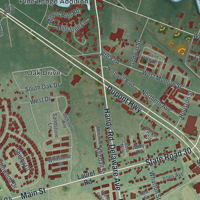 Close-up of the map of Millsboro, Delaware print showing street and building detail