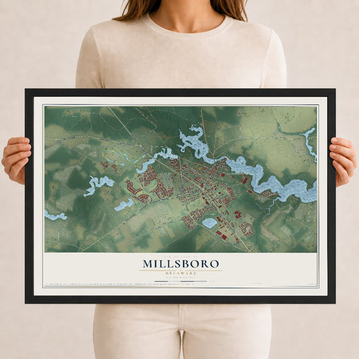 Map of Millsboro, Delaware, 12 x 18 inch print in a black wood frame
