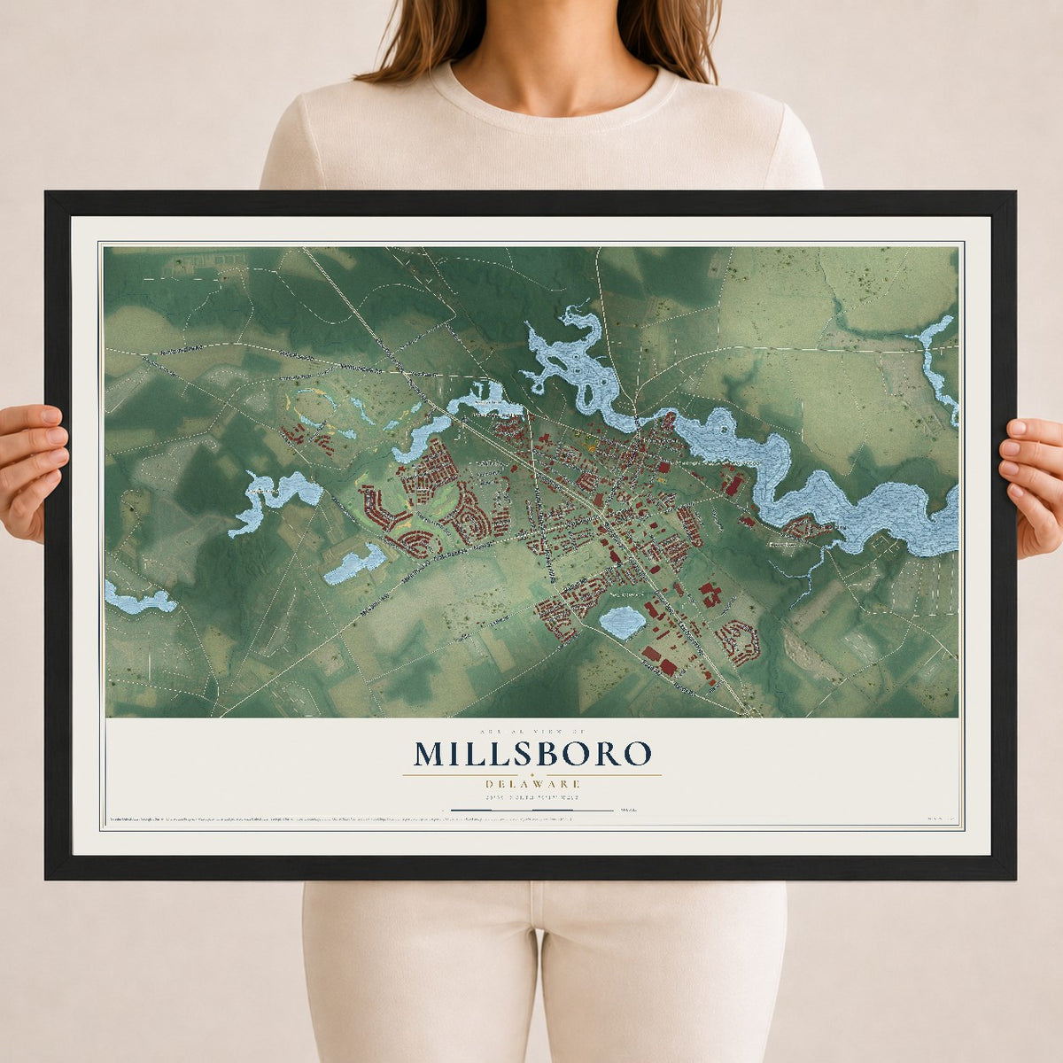 Map of Millsboro, Delaware, 18 x 24 inch print in a black wood frame